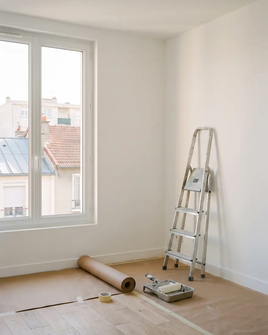 Pièce en fin de chantier : murs repeints, parquet découvert, escabeau et rouleau de peinture (image d’illustration)