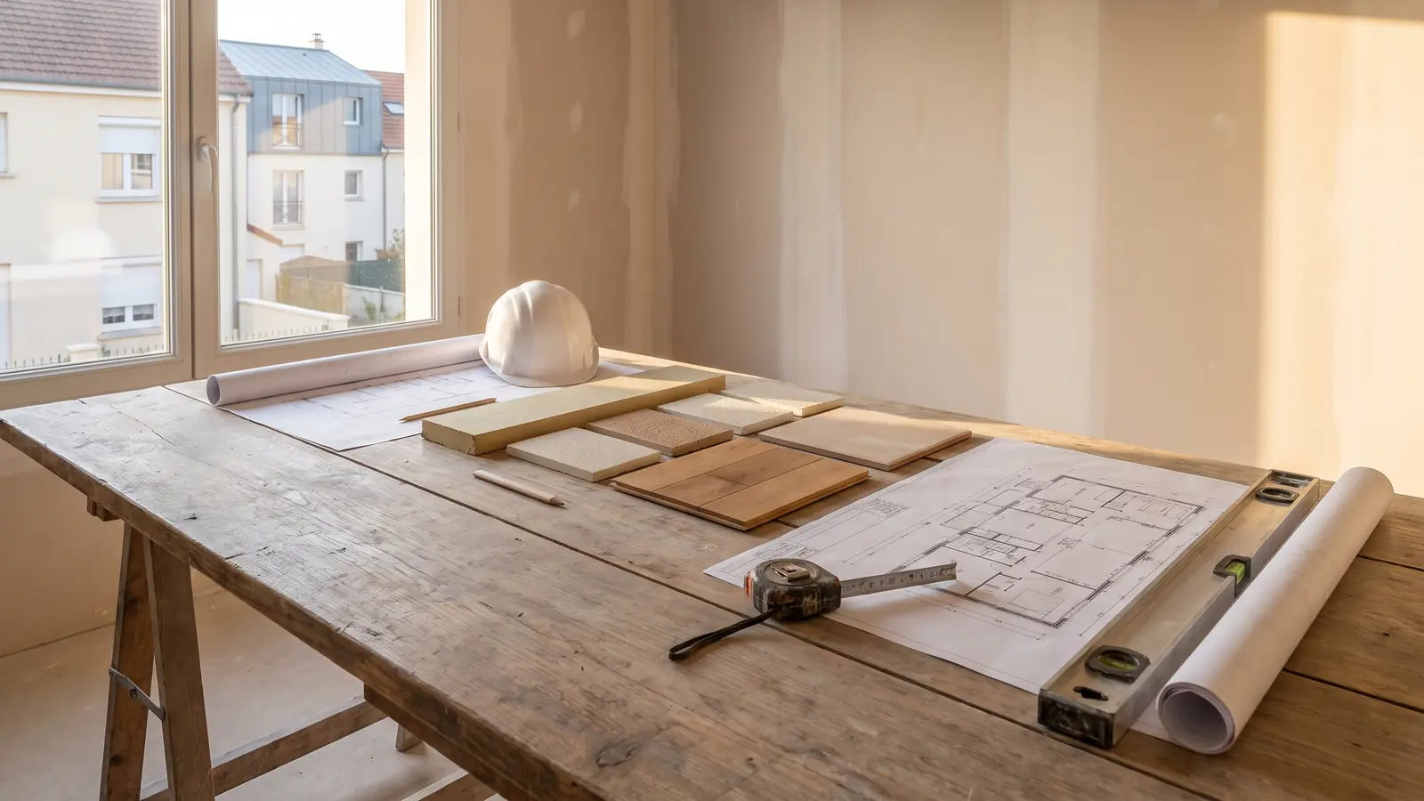 Plans, échantillons de matériaux, mètre et casque de chantier sur une table de travail (image d’illustration)