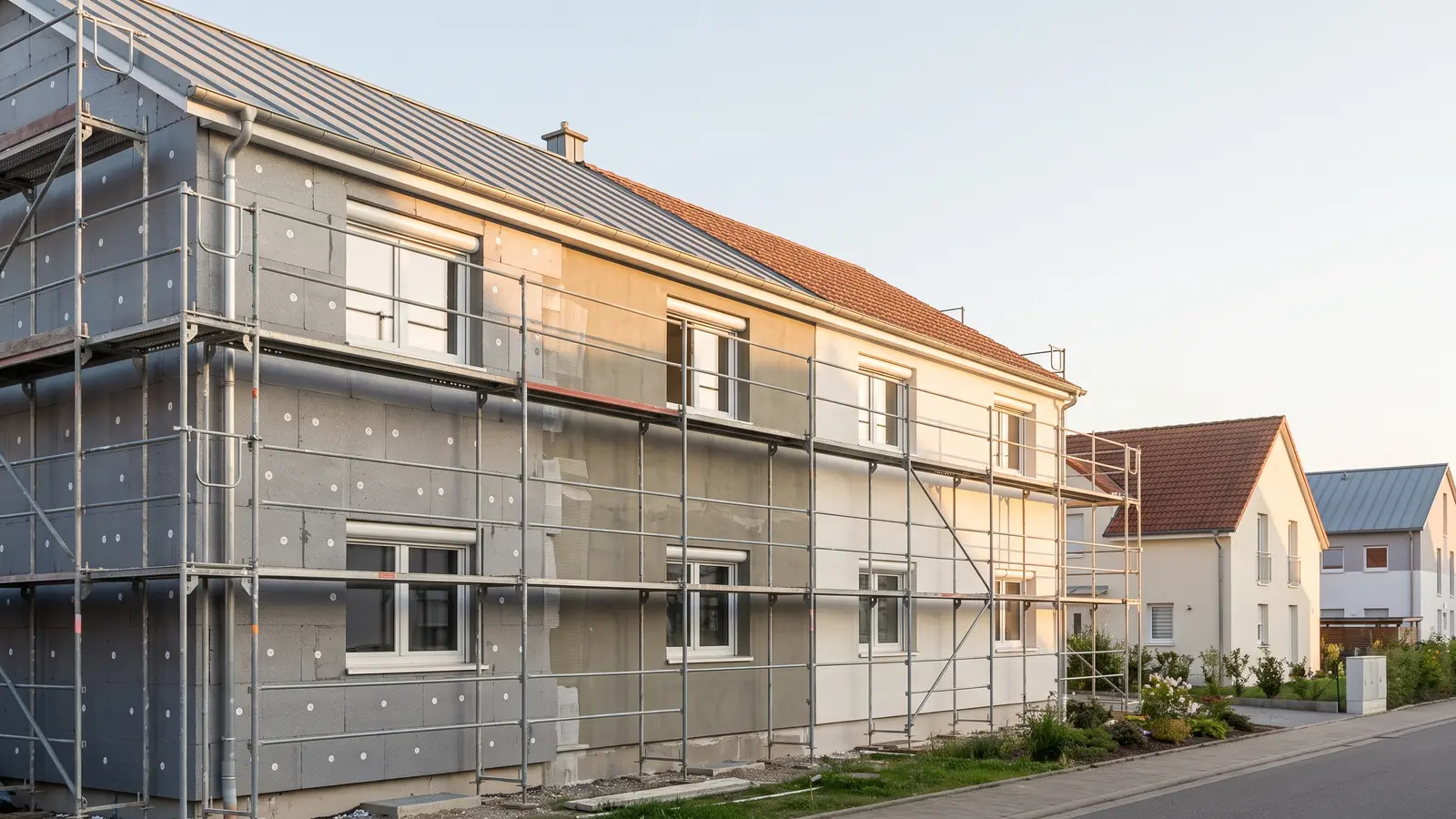 Maison sous échafaudage en cours d’isolation thermique par l’extérieur : panneaux isolants, sous-enduit et enduit fini (image d’illustration)
