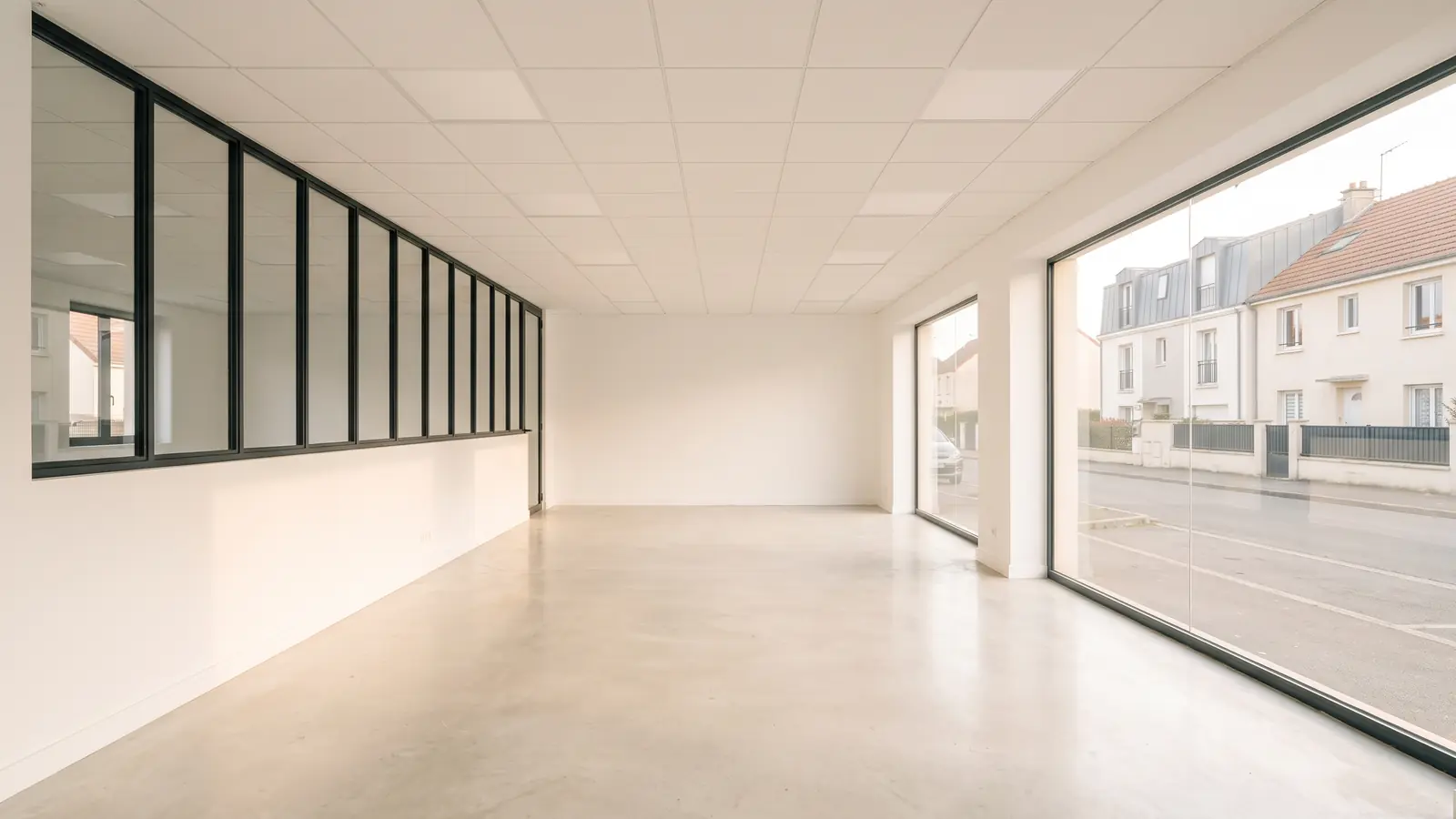 Local professionnel rénové en rez-de-chaussée : sol en béton clair, verrière et grande vitrine (image d’illustration)
