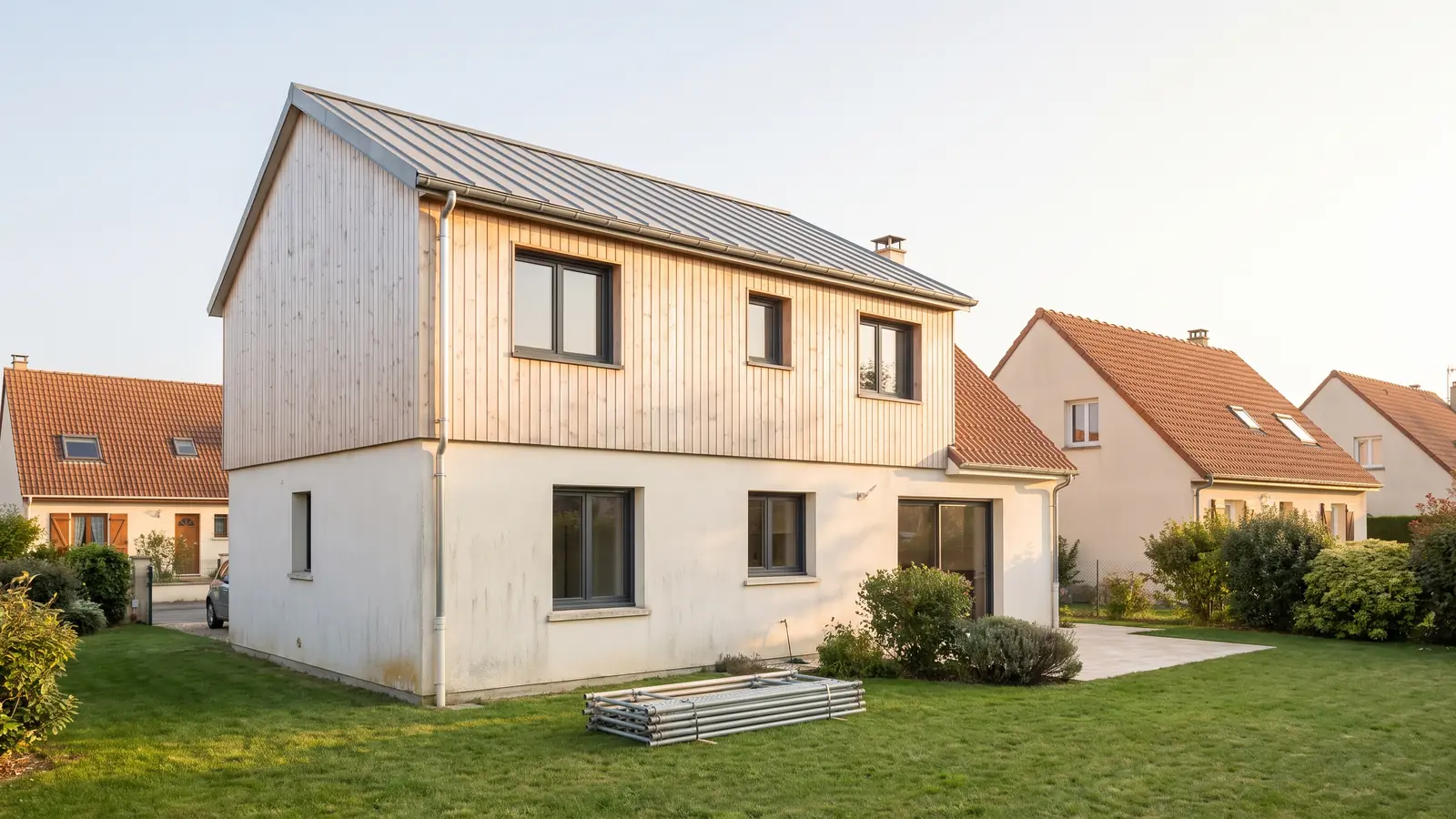 Pavillon surélevé d’un étage en bardage bois, échafaudage tout juste démonté (image d’illustration)
