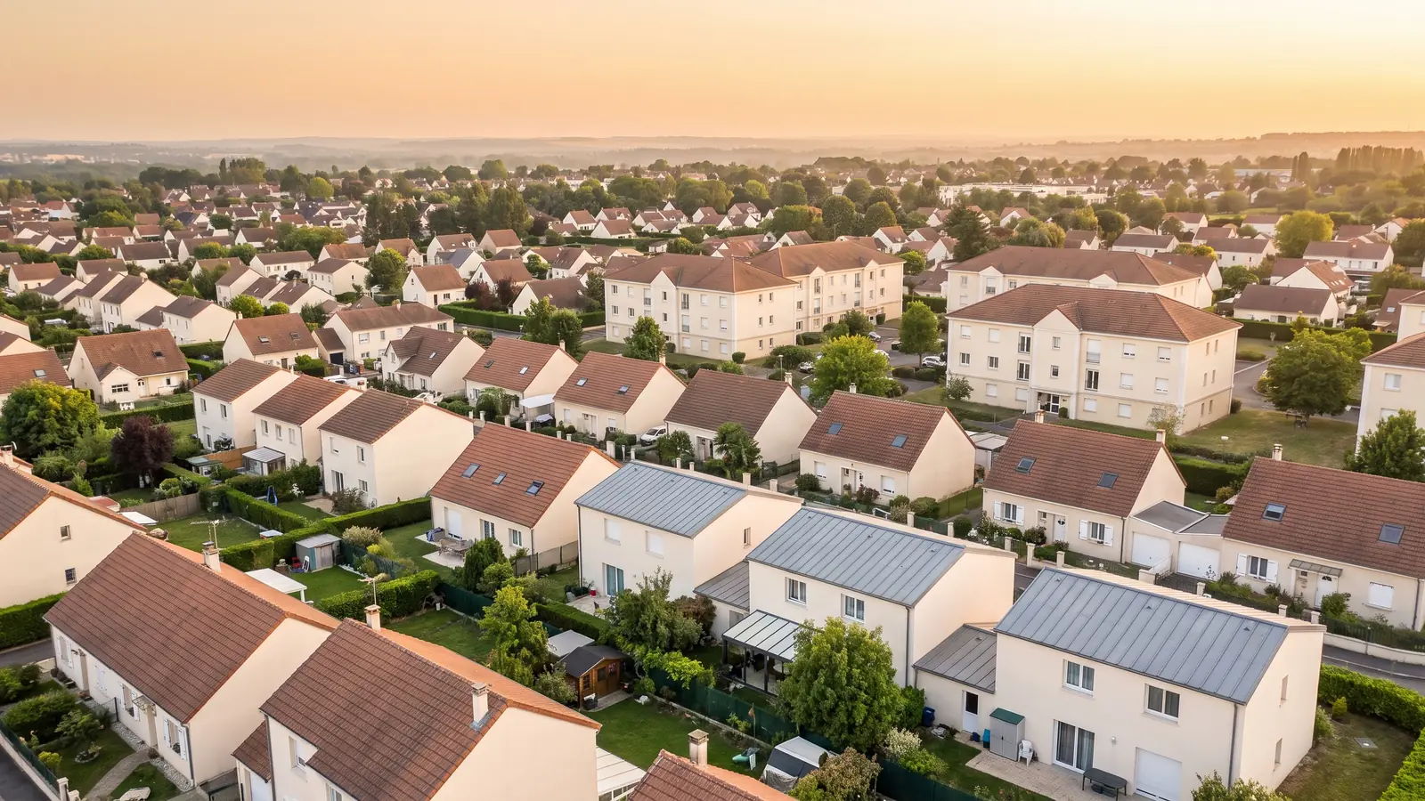 Vue sur les toits d’un quartier pavillonnaire de proche banlieue, au soleil couchant (image d’illustration)