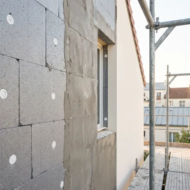 Façade en cours d’isolation thermique par l’extérieur : panneaux isolants chevillés, treillis d’armature et enduit fini (image d’illustration)