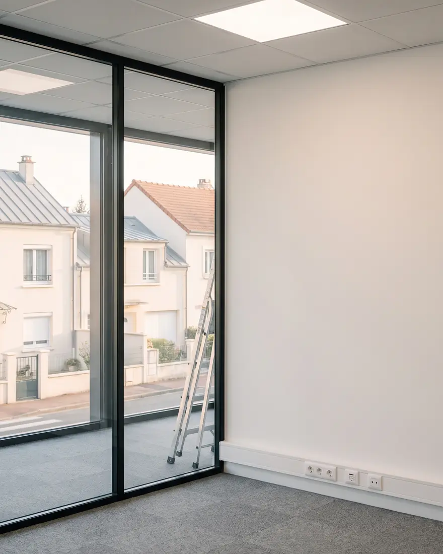 Bureau rénové : cloison vitrée à montants noirs, goulotte en plinthe et faux plafond (image d’illustration)