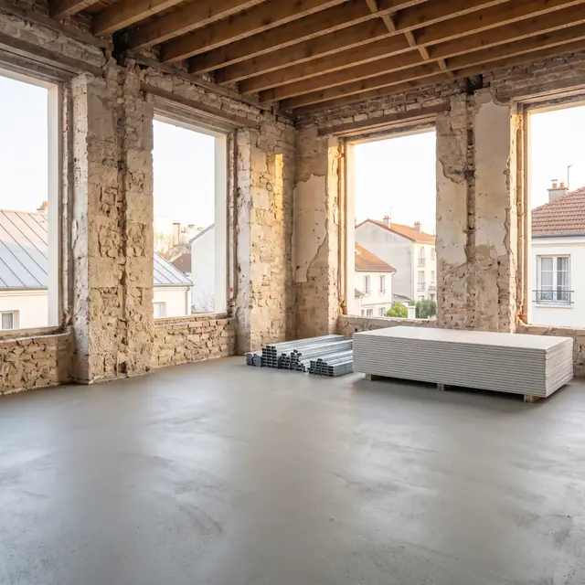 Niveau d’un bâtiment ancien en réhabilitation : murs en pierre mis à nu, solives apparentes, chape neuve (image d’illustration)