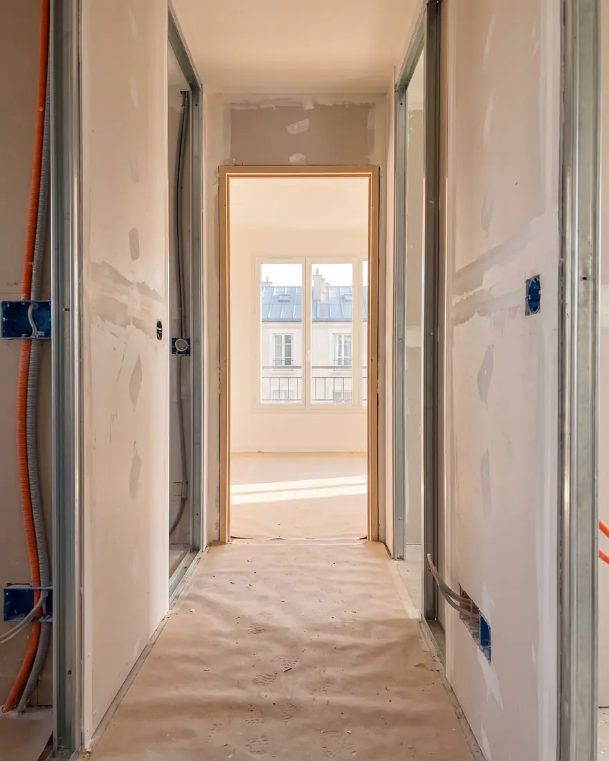 Couloir d’appartement en rénovation : cloisons neuves, gaines électriques en attente, sol protégé (image d’illustration)