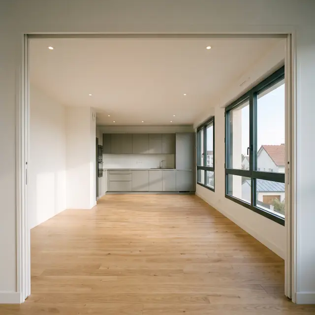 Séjour et cuisine ouverte après une rénovation complète : parquet clair, murs blancs, menuiseries anthracite (image d’illustration)
